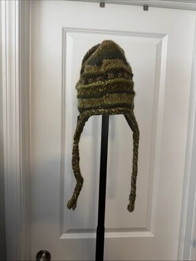 Hand-Knit Olive Green Earflap Beanie Hat